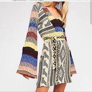 Free people sweater dress. Bell sleeve boho multi-color tie waist patchwork